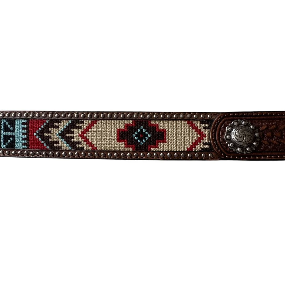 Unbranded Western Belt Unisex Brown Excellent Tooled Leather Woven Studs Concho